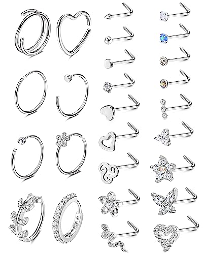 Adramata 26Pcs 20G Piercing Nez Acier Chirurgical CZ Anneau de Nez Piercing Nez Brillant Coeur Serpent Clous de Nez Piercing Septum Or Argent Piercing au Nez...