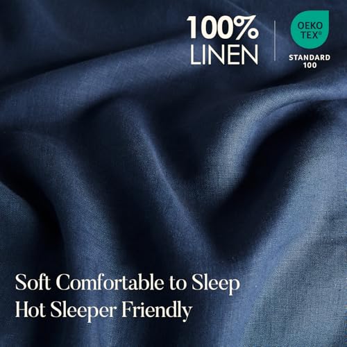 DAPU Pure Linen Sheets Set, 100% French Linen from Normandy, Breathable and Durable for Hot Sleepers, 4 Pcs Set - 1 Flat Sheet, 1 Fitted Sheet, 2 Pillowcases (Navy Blue, Queen)