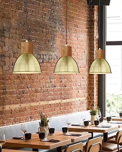 Elyona Vintage Pendant Light Fixtures 3 Pack Mini Rubber Wood Hanging Lamp Adjustable Mid Century Metal Pendant Lighting For Kitchen Island Farmhouse Dining Living Room Bar Hallway, Brushed Brass #TOP7