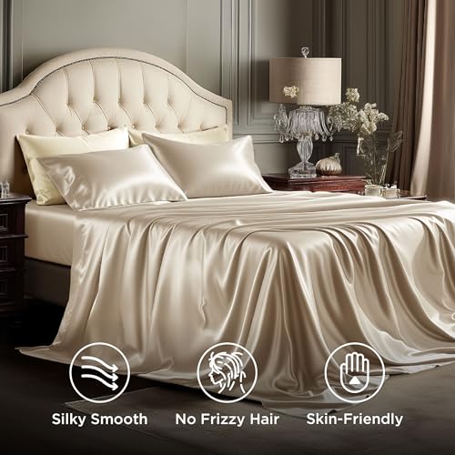 Image of Bedsure Khaki Satin Sheets Queen Size, Soft Silky Bedsheet for Hair & Skin | Similar to Silk Bed Sheets Set 4 Piece with 15 Inches Deep Pocket Fitted Sheet,1 Flat Sheet, 2 Satin Pillowcases