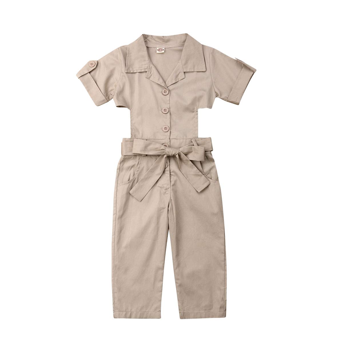 BULINGNA Toddler Kids Baby Girl Short Sleeve Romper Jumpsuit Backless One-Piece Bodysuit Coveralls with Belt (Khaki, 2-3T)