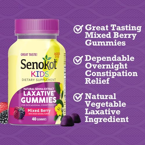 Image of Senokot Kids Laxative Gummies for Age 2+, Mixed Berry, 40 Ct, Senna Extract, Kids Laxatives for Constipation, Gentle Overnight Relief