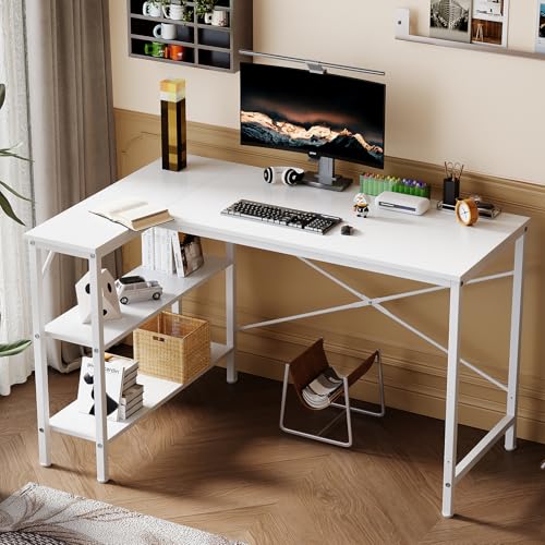 Ztexkee Escritorio en forma de L con compartimento de almacenamiento, 120 x 80 x 73 cm, escritorio de esquina con patas ajustables para oficina y oficina en casa, color blanco
