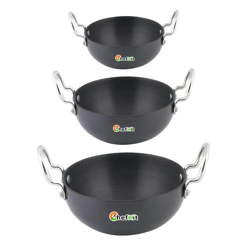 CHEFKIT Hard-Anodized Aluminium Deep Serving Mini Kadhai Set of 3 | Cookware Utensil for Frying | Non-Stick Coating for Easy Cleaning | Set of 3 Sizes for Varied Culinary Needs