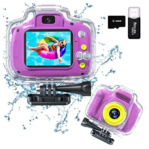 Kids Waterproof Underwater Camera Toys for 3-12 Year Old Boys Girls Birthday Gifts Children HD Digital Action Camera 2 Inch IPS Screen with 32GB Card (Purple)