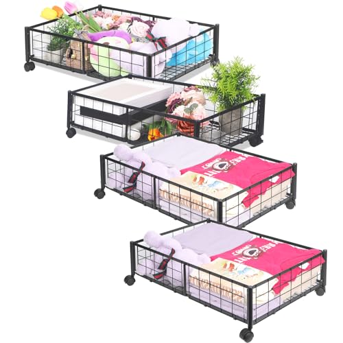 Kmise Underbed Storage With Wheels,Metal Under Bed Storage Containers For Bedroom Clothes Blankets Toy Book Bedding Shoes Storage Organizer (4 Pcs, Black)
