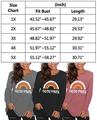 Plus Size Good Vibes Shirt Womens Long Sleeve Tshirt Graphic Tees Rainbow Tunic Tops