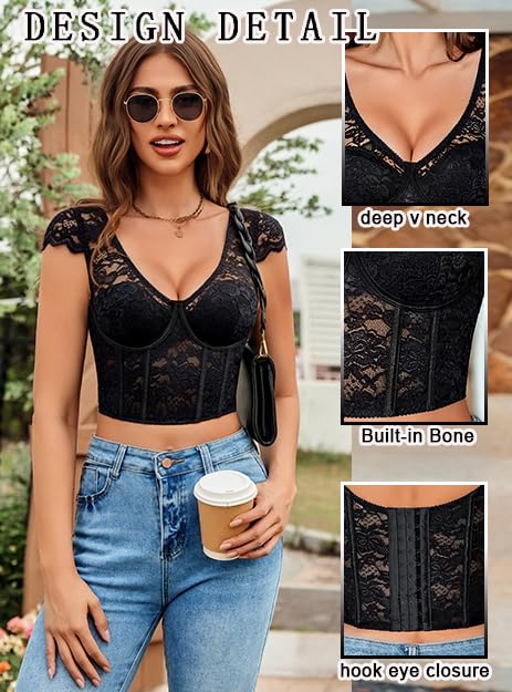 Avidlove Corset Tops for Women Floral Lace Bustier Cap Sleeve Crop Top V Neck Y2K Clothes Sexy Going Out Outfit with Buckle2