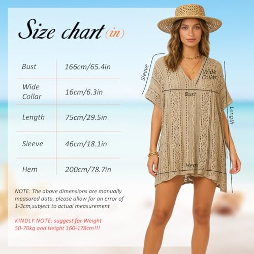 Image of SANNIDHI Crochet Cover Up for Women Loose Fit Beach Cover Up Stylish Boho V Neck Hollow Summer Top Coverup - Fits for Weight 50-70kg and Height 160-178cm