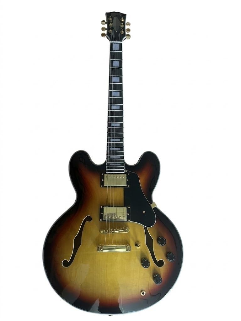 Chitarra elettrica a corpo semi-cavo, Sunburst con fori a F e doppi humbucker, 6 corde full size for Jazz Blues Rock (Guitarra Eléctrica)