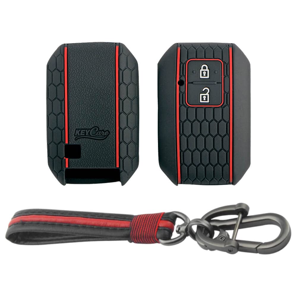 Keycare Silicone Key Cover and Keychain Compatible for Suzuki Victoris, e Vitara, Fronx, jimny, Grand Vitara, Ertiga, Brezza, XL6, Swift, Dzire,Ignis 2 Button Smart Key(Black with R/B FL)