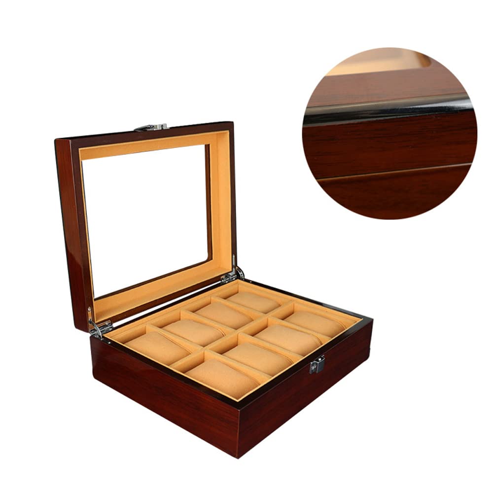 Holzmaserung Uhrenbox Schmuck Aufbewahrungsbox Einschichtiger transparenter Glasdeckel, 8 Gitter Holz Display Sammelbox Braunes Futter mit Metallverschluss Weihnachtsgeburtstagsgeschenke