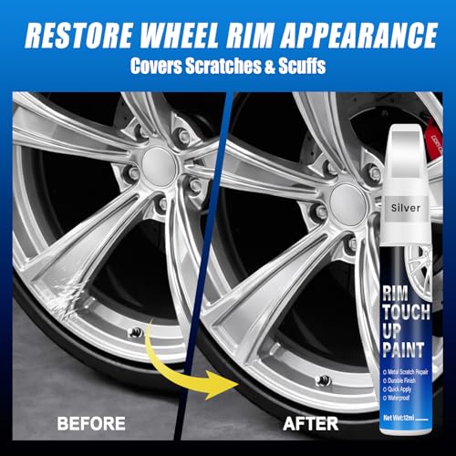 Image of Silver Rim Touch Up Paint, 2-in-1 Brush & Tip, 0.4 fl oz - Universal Silver Rim Curb Rash Repair Kit for Scratches, Scuffs Alloy /Metal Wheels, OEM Color Match, Quick-Dry & Long-Lasting