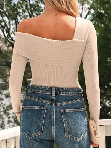 Image of LILLUSORY Womens Off the Shoulder Sweaters Going Out Fall Top | Flattering ribbed knit bodycon pullover for date night. Chic asymmetric neckline. Stretchy holiday party clubwear clothes