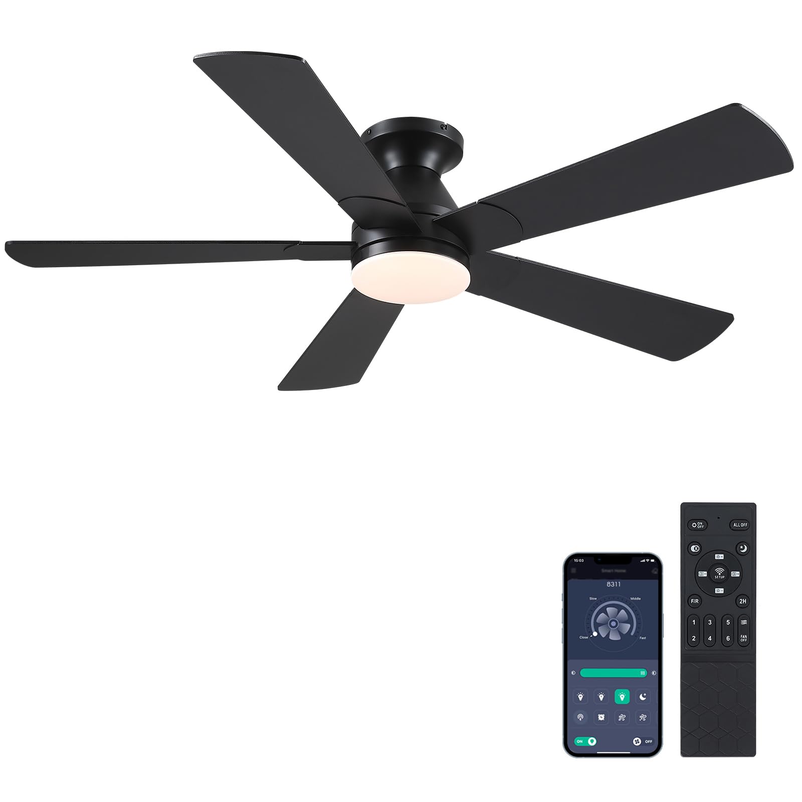 amama　BK BYKISTOK Black Ceiling Fans with Lights - 52In Flush Mount