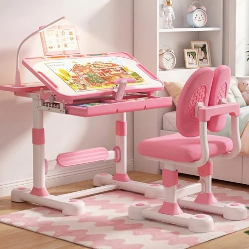 oranqran Kids Study Desk and Chair Set Height Adjustable Art Desk for Bedroom Study Table with Tilt Desktop Book Stand LED Light Metal Hook and Storage Drawer for Boys Girls(Pink)