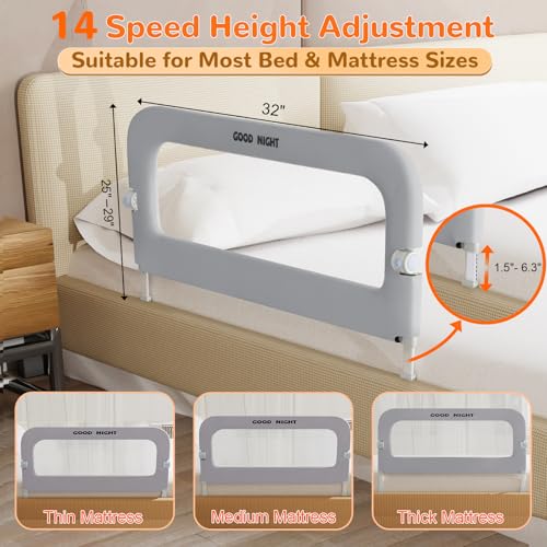 Bed Guard Rail for Toddlers - 32" Adjustable Heights & Folding up Portable Bed Railing for Baby - Toddler Bed Rails Guard for Crib, Twin, Bunk,Full Size, Queen & King Bed(Grey)