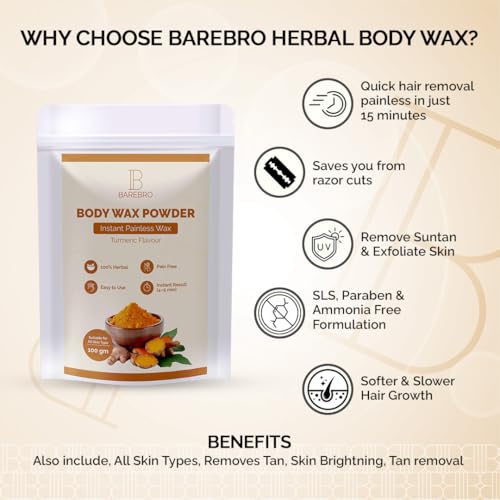 Image of Turmeric Hair Removal Wax Powder for Women & Men | Professional & Painless Herbal Wax Powder with Natural Ingredients for All Skin Types | Quick, Easy to Apply Hair Removal for Smooth Skin with No Irritation or Skin Rashes 100 Gms