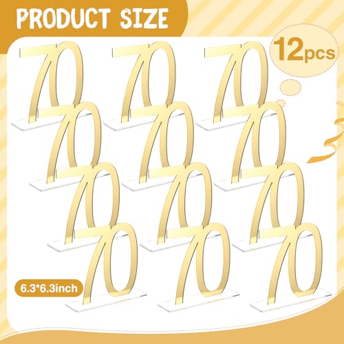 Image of Threehoney 12 Pcs Mirror Gold 70th Birthday Decorations for Men and Women Acrylic Anniversary Decorations Table Numbers Centerpieces for Birthday Party