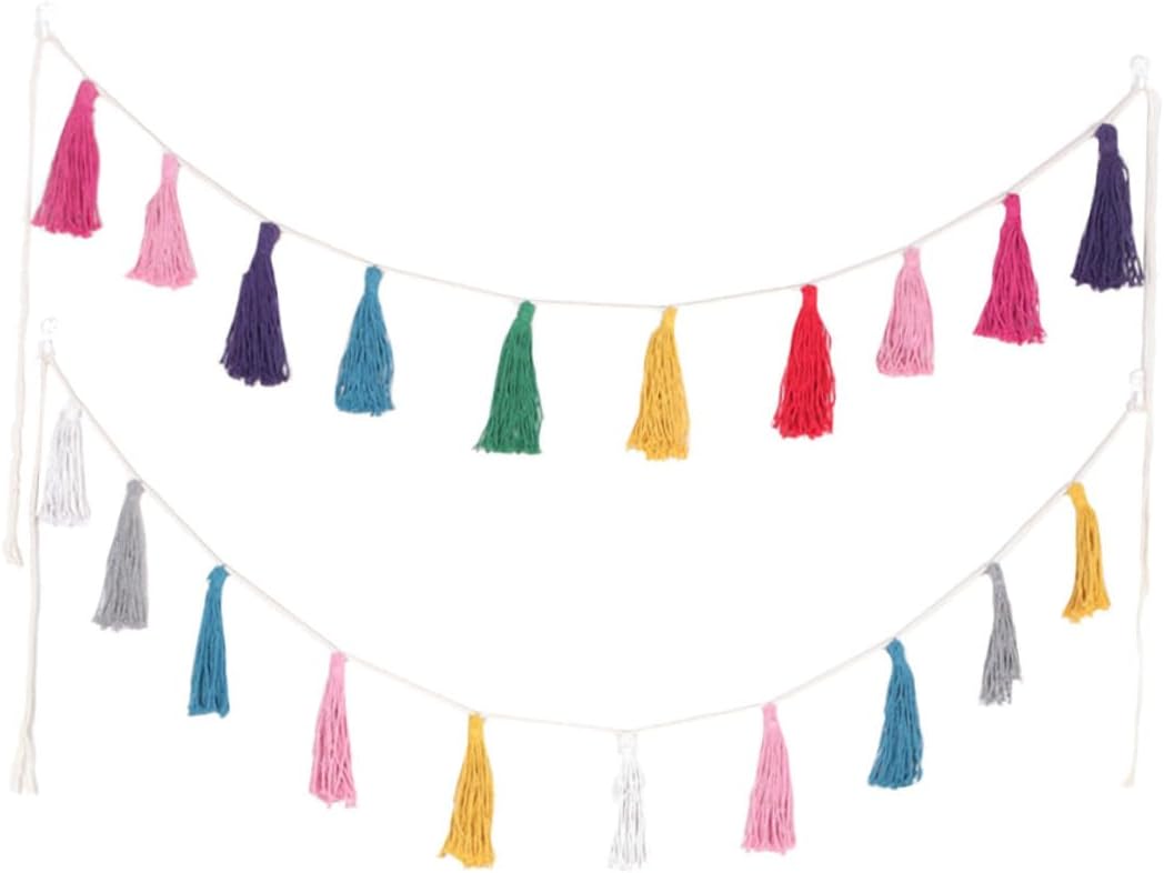 STAHAD Colorful Rainbow Tassel Garland Wall Hanging Banner, Handmade Bohemian Tassel Decor for Bedroom and Party, 2pcs Set Home Decoration Accents