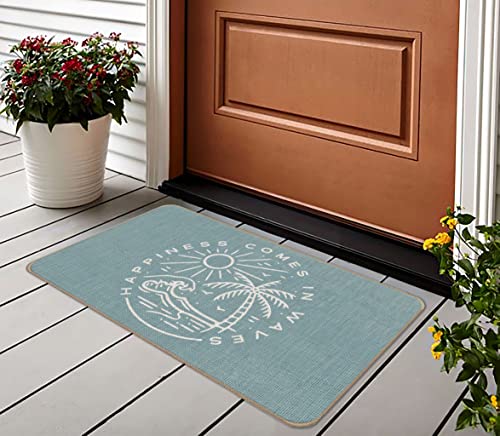 Lacosu Summer Beach House Happiness Comes in Waves Blue Rustic Door Mat Doormat,17"X30" Decorative Coastal House Indoor Outdoor Entry Welcome Door Mat,Ocean Beach Gifts - Image 2