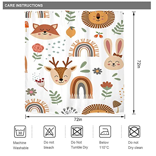 Riyidecor Kids Baby Woodland Boho Shower Curtain For Bathroom Accessories 72Wx72H Inch Animals Cartoon Cute Funny Forest Colorful Flowers Rainbow Children Fabric Bathroom Decor 12 Pack Plastic Hooks #TOP2