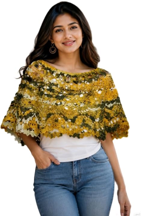 Handmade Crochet Poncho, Yellow and Green, Open Weave Lace Pattern, Boho Style-image-48