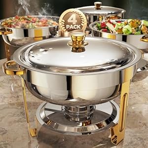 Chafing Dishes for Buffet 4 Pack, 5QT [Worry-Free Assemble] Round Chafing Dish Buffet Set [Elegant Gold and Silver Colors] Stainless Steel Chafers and Buffet Warmers Sets for Parties with Complete Set