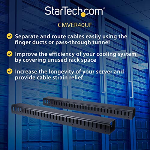 Image of StarTech.com Vertical Cable Organizer with Finger Ducts - Vertical Cable Management Panel - Rack-Mount Cable Raceway - 0U - 6 ft. (CMVER40UF), Black