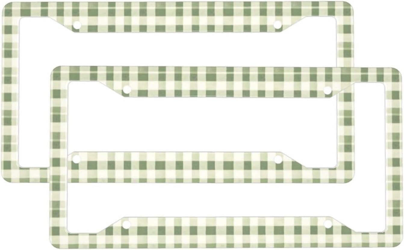 2 Pcs Car License Plate Frames for Women Men – Vintage Green Plaid Print Aluminum Solid License Plate Cover for Car Accessories for Women Men with