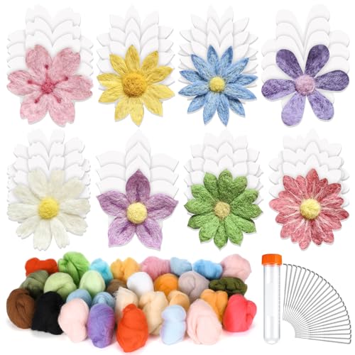 Image of HunnmingRe 32 Set Needle Felting Kits Needle Felting Supplies for Beginner Include Wool Roving Pad and Needles for DIY Home Decoration Art Craft(Flowers)