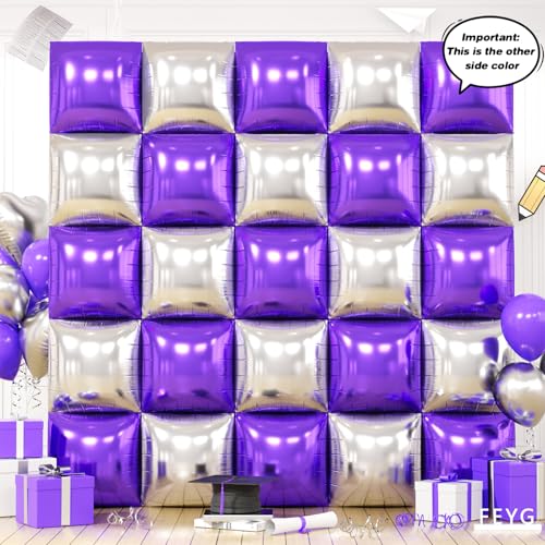 Image of Metallic Purple Gold and Silver Double Sided Square Foil Balloons Wall,19 Inches Chrome Foil Balloons Tunnel Arch Kit for Bachelorette,Anniversary,Graduation,Birthday Party Background Decoration