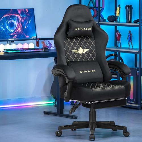 Sedia Gaming Poltrona Gaming Tessuto Sedia Gamer Ergonomica Ufficio Sedia PC 150 kg Sedia da tavolo regolabile e girevole con Cuscino Seduta a Molle e Poggiapiedi, Nero - Sedia gaming - Immagine 1