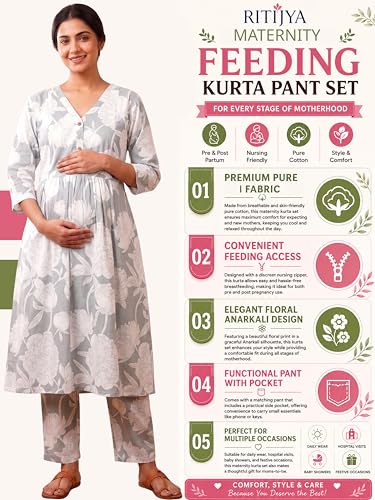 Image of RITIJYA Pure Cotton Feeding Kurta Pant Set for Women | Floral Anarkali Pregnancy Dress with Concealed Nursing Zipper Side Pocket | Pre & Post Partum | Maternity Dresses | Baby Shower Outfit