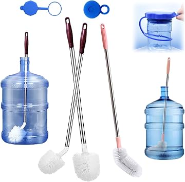 Bottle Brush, 3 Pack Long Handled Bucket Brushes with 2 Water Jug Caps, Stiff Nylon Bristles and Stainless Steel Handle, Suitable for Cleaning 1 to 5 Gallon Buckets, Glassware, Mugs