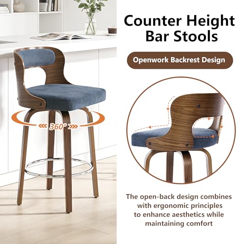 Image of Swivel Bar Stools Set of 2, 26 inch Counter Height Bar Stools, Mid-Century Modern PU Leather Modern Island Chairs with Back and Footrest, for Kitchen, Bar, Restaurant, Cafe, Blue-Gray