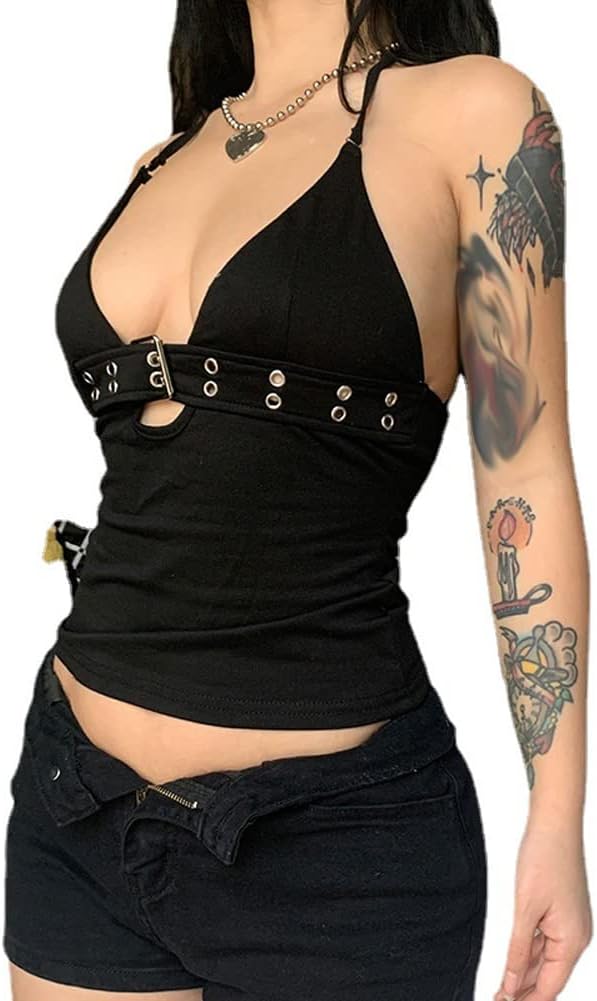 Women Halter Sexy Tank Top Punk Rock Backless Camisole Y2k V Neck Tie Back Going Out Vest 70s Disco Tops Black - Image 8