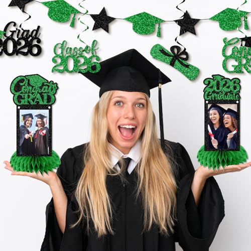 Image of Graduation Decorations 2026 - Green Congrats Grad Party Supplies Include Glitter We are So Proud of You Banner, Hanging Swirls and Honeycomb Centerpieces for Photo Toppers