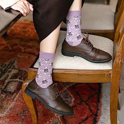 Image of DXYAKY 5 Pairs Womens Floral Cotton Socks Vintage Patterned Crew Socks Novelty Ankle Ruffled Warm Casual Dress Socks