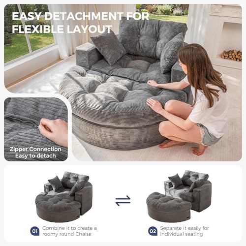 Image of MAXYOYO Oversized Round Chaise Lounge Sofa, Upholstered Lounge Chair with 3 Pillows, Boneless Sofa Couch with Ottoman, Deep Seat Chair for Living Room, Bedroom, No Assembly, Dark Grey