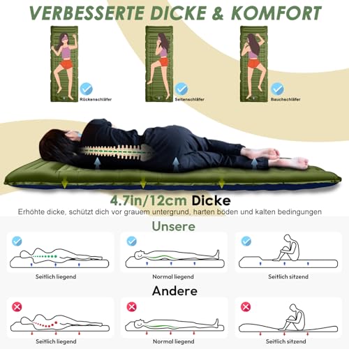 Arlierss Isomatte Selbstaufblasend, 12CM Dicke Luftmatratze Camping mit Fußpresse Pumpe und Kissen, Anti-Ripstop Tragbar Schlafmatte Outdoor für Wandern, Strand – Bild 3