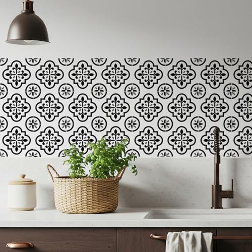 MEIHEA 16 Pack, 5.9 Inch Black and White Peel and Stick Tiles, Removable Victorian Vinyl Decals for Backsplash, Stairs, & Furniture