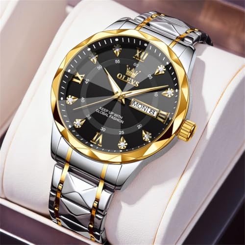 Image of OLEVS Watches for Men Luxury Diamond Casual Large Dial Watches Stainless Steel Waterproof Business Dress Analog Luminous Date Mens Watches