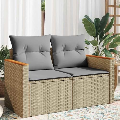 Homgoday Sofa Jardin Conjunto Jardin Sofa Jardin Exterior Sofá de jardín con Cojines de 2 plazas ratán sintético Beige Modelo con almacenaje Beige y Gris Claro