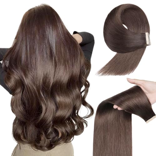 Image of Tape in Hair Extensions Human Hair 20pcs Remy Hair Extensions 18 Inch Darkest Brown Straight Invisible Human Hair Tape in Extensions Skin Weft Tape Extensions Human Hair (2#,18 Inch)