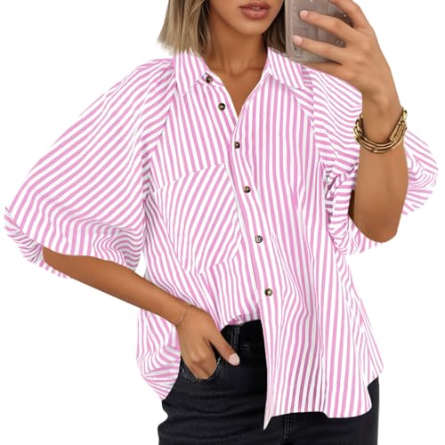 Image of Tankaneo Womens Short Puff Sleeve Button Down Shirts Striped Trendy Casual Loose Fit Blouse V Neck Collared Tops