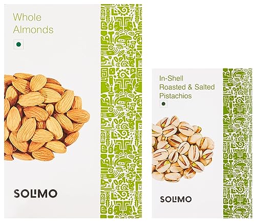 Image of Amazon Brand - Solimo Premium Almonds, 500g + Amazon Brand - Solimo Premium Roasted and Salted California Pistachios, 250g