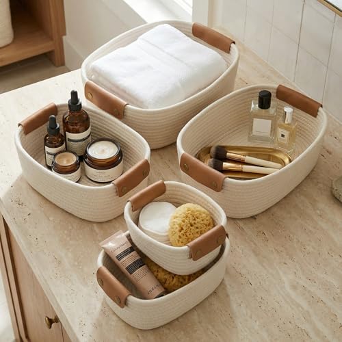 Beautiful Storage Basket Set of 5 - Sturdy Cotton Rope Baskets for Shelves Are Perfect for Organizing Your Home - Quality Storage Bins Easily Fit With Any Nursery or Bedroom Decor