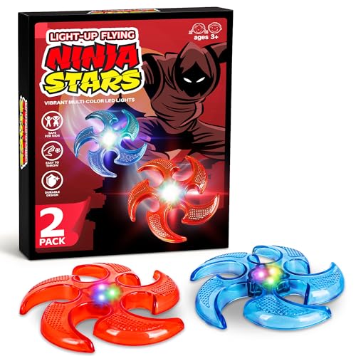 ArtCreativity Light Up Flying Ninja Stars Set, 2 Rubber Throwing Stars with Batteries, Interactive Ninja Kids Toys for Tossing, Games, 2 Colors, Gift for Kids Red and Blue Stars