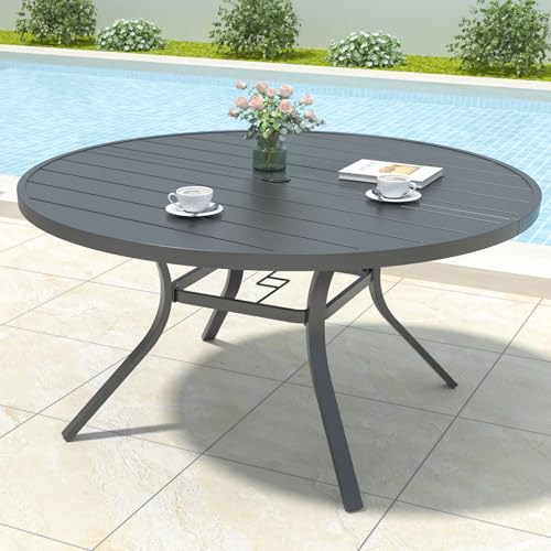 Anmutig Round Outdoor Dining Table 48 Inch All-Weather Patio Table with Adjustable Umbrella Hole for Deck Lawn Garden Backyard Balcony Deck Black Metal Frame Slatted Tabletop